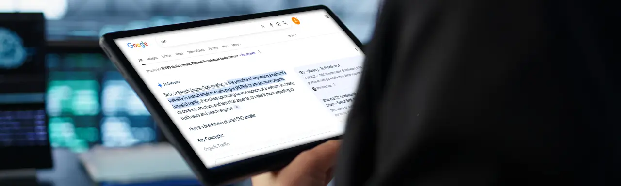 Tablet displaying Google AI Overview results for SEO-related search query