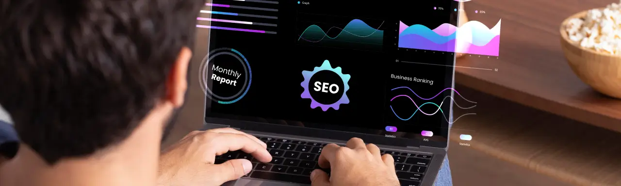 Entrepreneur using laptop to find SEO solutions for business