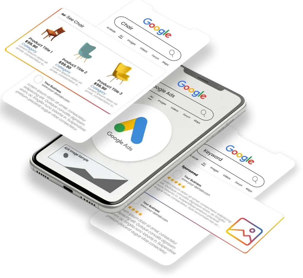 various type of Google ads services pop up from the mobile phone screen